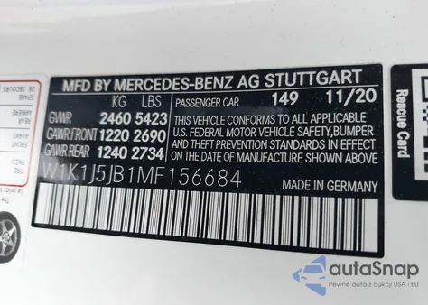 2021 Mercedes-Benz E 450 z USA, uszkodzony, nr VIN W1K1J5JB1MF156684